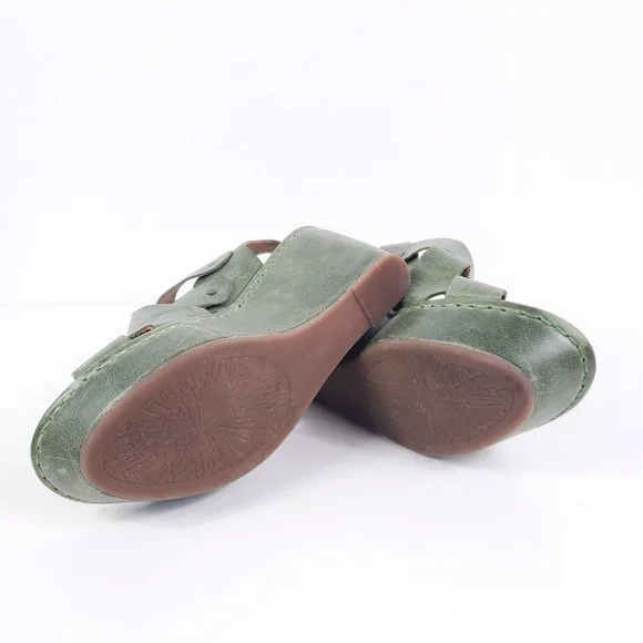 Born Leather Spring Green Strappy Platform Wedges Heels - Picture 3 of 7